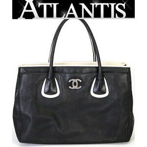 CHANEL Executive Coco Mark Tote Bag Lamb Black White No